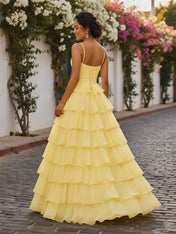 A Line Cowl Neck Chiffon Satin Tiered Ruffle Prom Dress
