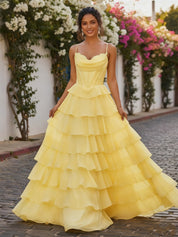 A Line Cowl Neck Chiffon Satin Tiered Ruffle Prom Dress