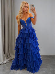 A Line Lace Embroidery Tiered Long Prom Dress with Slit