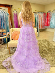 A Line Lilac Tiered Lace Long Prom Dress with Slit