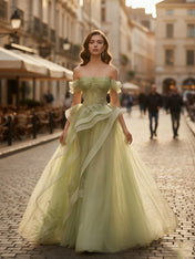 A Line Off-the-Shoulder Appliques Lace Tulle Long Corset Prom Dress