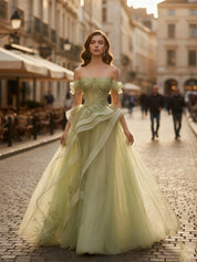 A Line Off-the-Shoulder Appliques Lace Tulle Long Corset Prom Dress