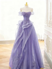 A Line Off-the-Shoulder Appliques Lace Tulle Long Corset Prom Dress