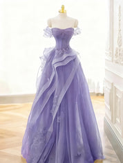 A Line Off-the-Shoulder Appliques Lace Tulle Long Corset Prom Dress