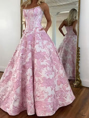 A Line Prom Dresses 3D Floral Strapless Evening Party Dresses with Bead