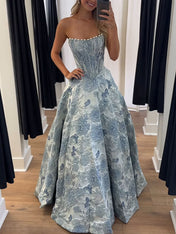 A Line Prom Dresses 3D Floral Strapless Evening Party Dresses with Bead