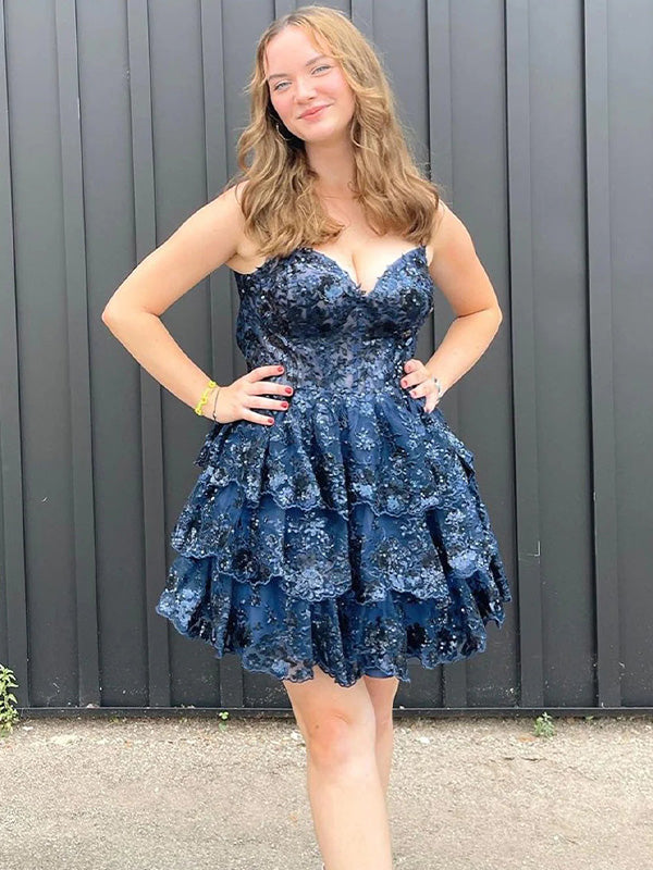 A Line Short Spaghetti Straps Homecoming Dress with Lace Ruffles