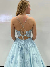 A Line Spaghetti Straps Corset Back Long Prom Dress With Appliques