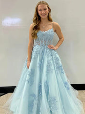 A Line Spaghetti Straps Corset Back Long Prom Dress With Appliques