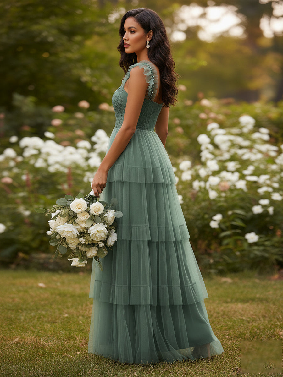 A Line Spaghetti Straps Floor Length Tulle Bridesmaid Dress