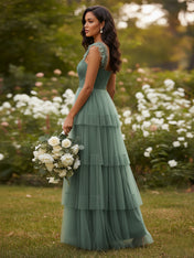 A Line Spaghetti Straps Floor Length Tulle Bridesmaid Dress