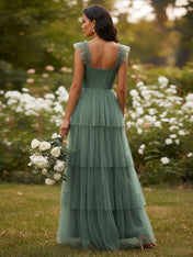 A Line Spaghetti Straps Floor Length Tulle Bridesmaid Dress