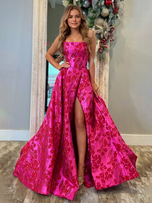 Dreamylily Prom Dress Fuchsia A Line Strapless Jacquard Satin Long Ball ...