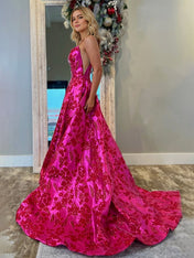 A Line Strapless Jacquard Satin Long Prom Dress with Pockets