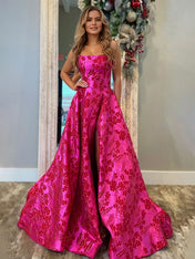 A Line Strapless Jacquard Satin Long Prom Dress with Pockets
