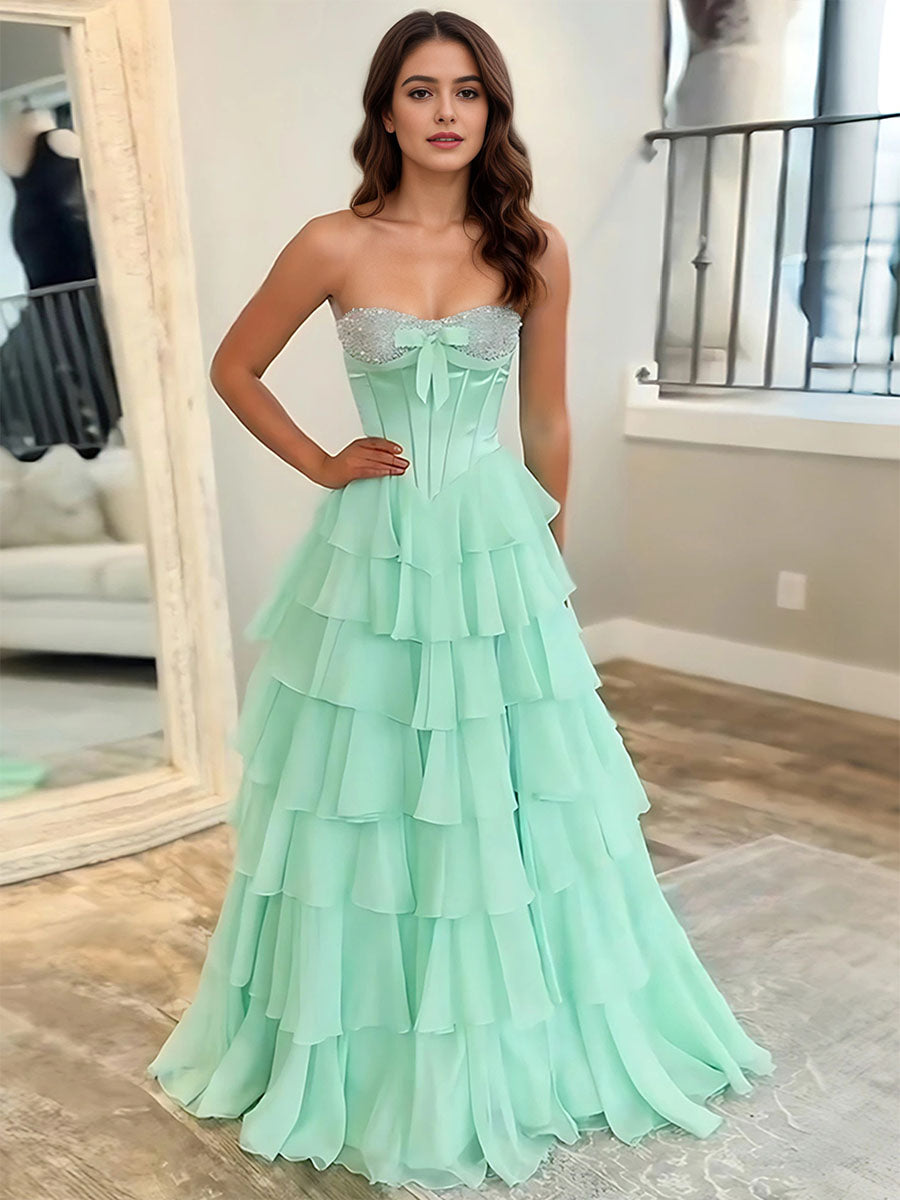 A Line Strapless Sweetheart Tiered Chiffon Long Prom Dress with Beading