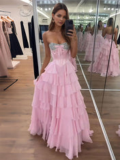 A Line Strapless Sweetheart Tiered Chiffon Long Prom Dress with Beading