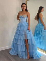 A Line Sweetheart Tiered Chiffon Long Prom Dress with Beading