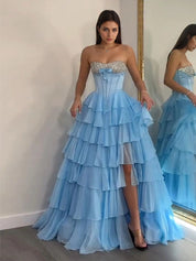 A Line Sweetheart Tiered Chiffon Long Prom Dress with Beading