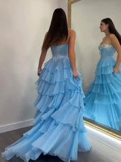 A Line Sweetheart Tiered Chiffon Long Prom Dress with Beading