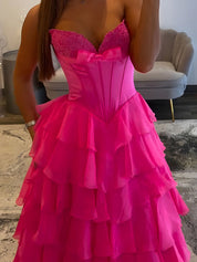A Line Tiered Strapless Corset Long Prom Dress with Slit