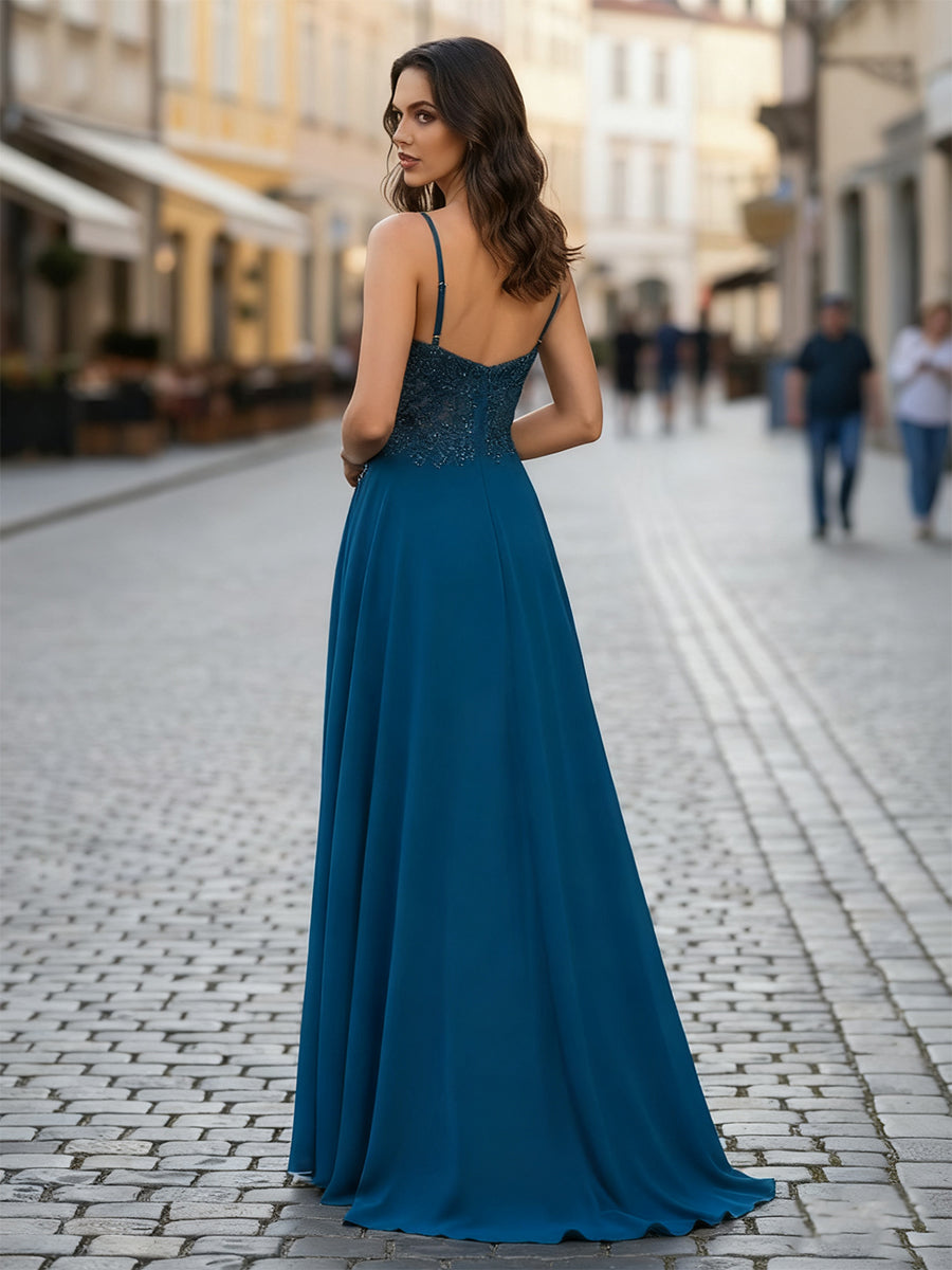 A Line V-Neck Appliques Lace Chiffon Corset Prom Dress with Slit