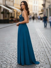 A Line V-Neck Appliques Lace Chiffon Corset Prom Dress with Slit