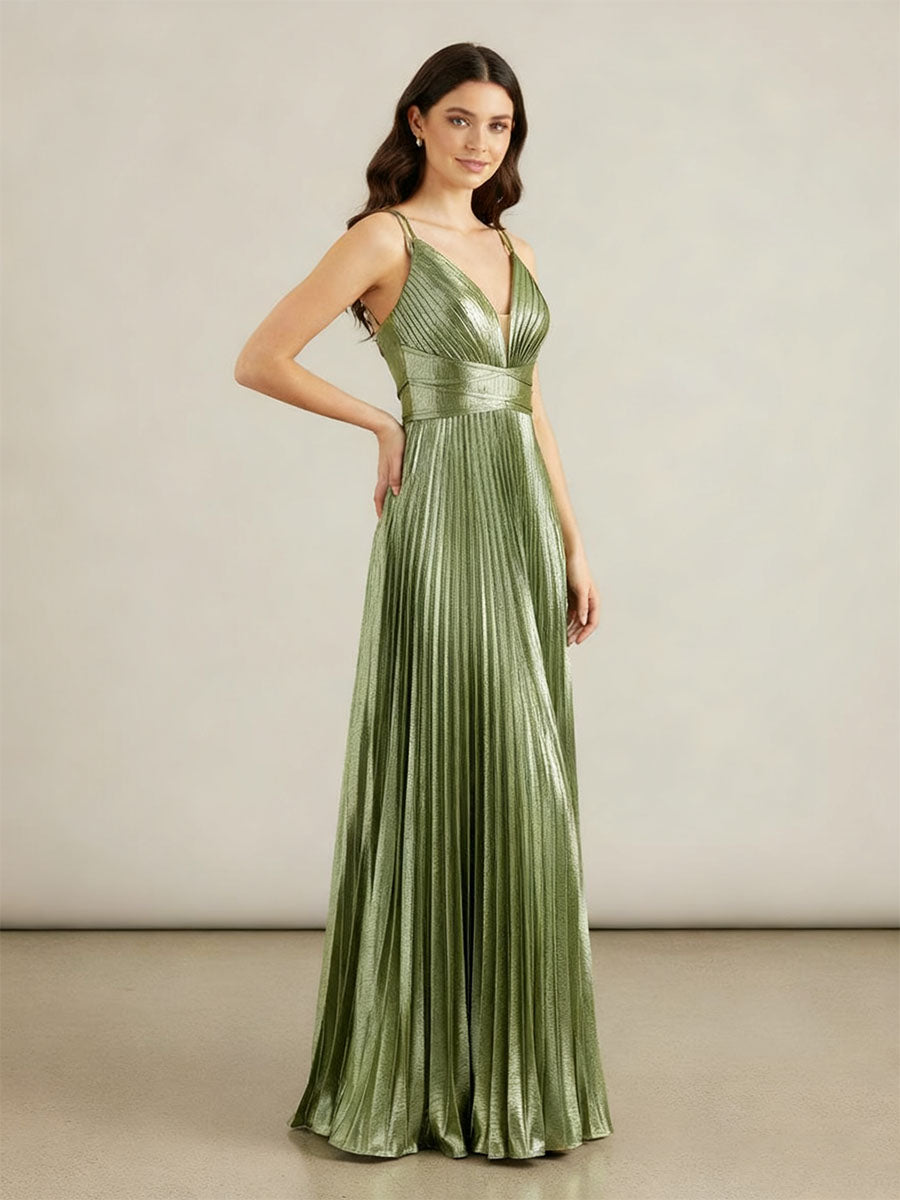 A Line V-Neck Long Prom Dresses with Pleated