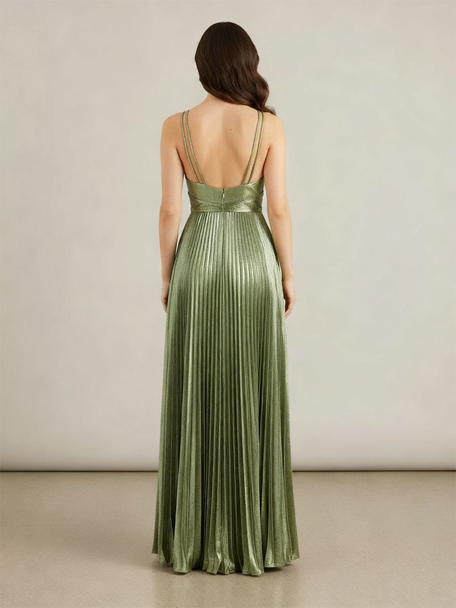 A Line V-Neck Long Prom Dresses with Pleated
