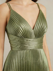 A Line V-Neck Long Prom Dresses with Pleated