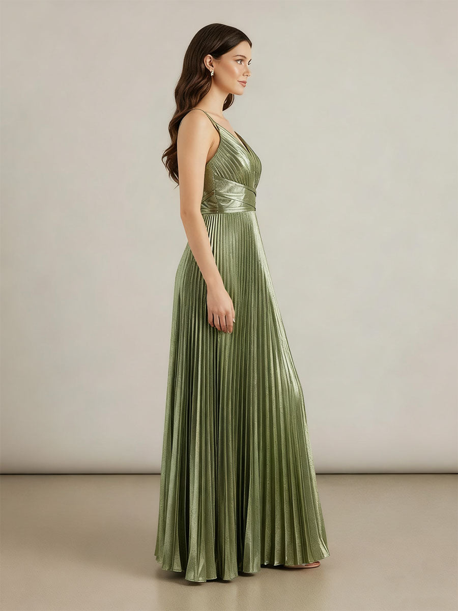 A Line V-Neck Long Prom Dresses with Pleated
