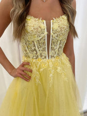 A Line V Neck Backless Lace Long Prom Dress