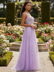A Line V Neck Tulle Long Prom Dress with Appliqued Beading