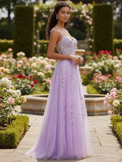 A Line V Neck Tulle Long Prom Dress with Appliqued Beading