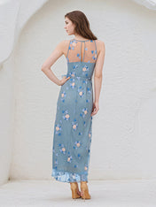 A Line Dusty Blue Chiffon Round Neck Sleeveless Ankle Length Dress With High Slit