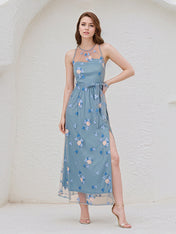 A Line Dusty Blue Chiffon Round Neck Sleeveless Ankle Length Dress With High Slit