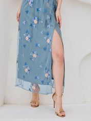 A Line Dusty Blue Chiffon Round Neck Sleeveless Ankle Length Dress With High Slit