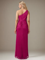Fuchsia Chiffon One Shoulder Sleeveless Floor Length Pleated Dress