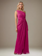 Fuchsia Chiffon One Shoulder Sleeveless Floor Length Pleated Dress