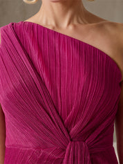 Fuchsia Chiffon One Shoulder Sleeveless Floor Length Pleated Dress