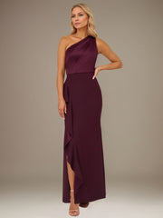 Orchid Satin One Shoulder Sleeveless Floor Length Dress With High Slit