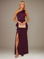 Orchid Satin One Shoulder Sleeveless Floor Length Dress With High Slit