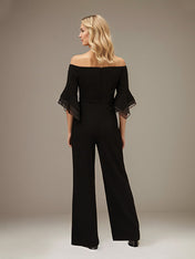 Black Chiffon Off the Shoulder 1/2 Sleeves Separates Jumpsuit/Pantsuit Mother of the Bride Dress
