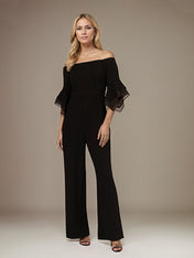 Black Chiffon Off the Shoulder 1/2 Sleeves Separates Jumpsuit/Pantsuit Mother of the Bride Dress