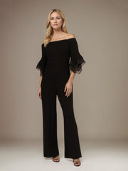 Black Chiffon Off the Shoulder 1/2 Sleeves Separates Jumpsuit/Pantsuit Mother of the Bride Dress