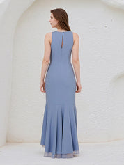 Steel Blue Chiffon Round Neck Sleeveless Asymmetrical Length Dress With Slit