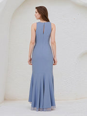 Steel Blue Chiffon Round Neck Sleeveless Asymmetrical Length Dress With Slit