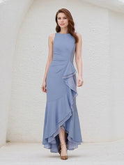 Steel Blue Chiffon Round Neck Sleeveless Asymmetrical Length Dress With Slit