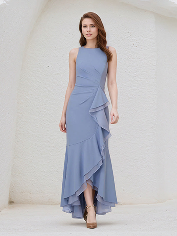 Steel Blue Chiffon Round Neck Sleeveless Asymmetrical Length Dress With Slit