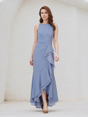 Steel Blue Chiffon Round Neck Sleeveless Asymmetrical Length Dress With Slit